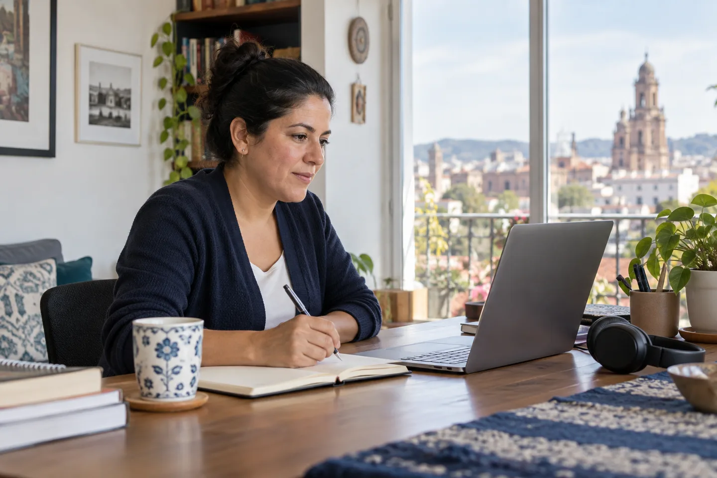 Mujer adulta estudiando en línea desde un espacio de trabajo en casa