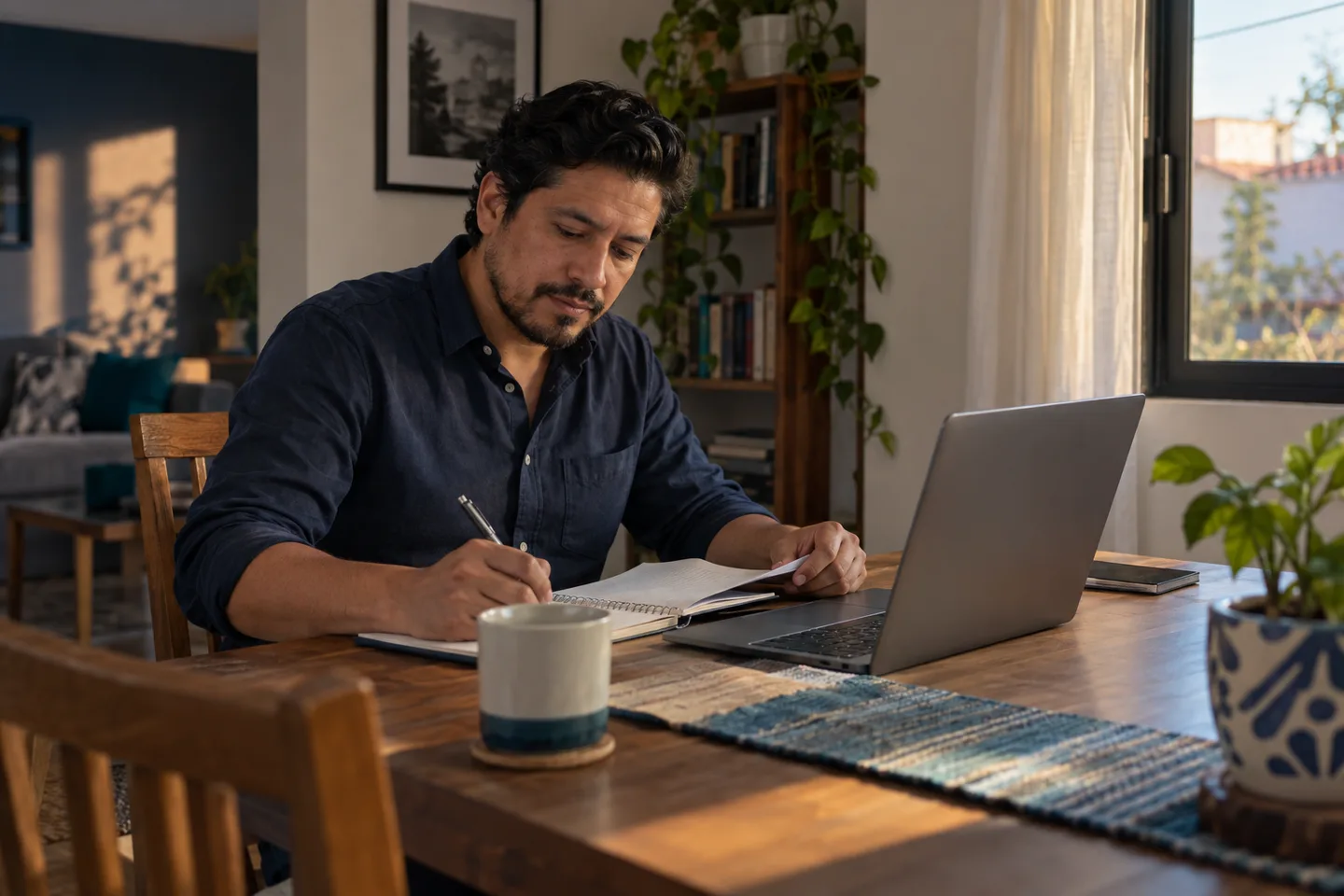 Adulto estudiando con una libreta y una computadora en casa